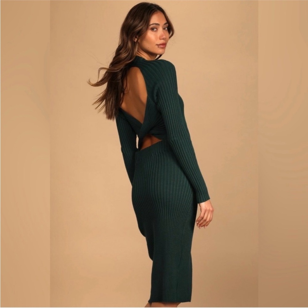 Lulu's Forest Green Ribbed Open-Back Midi Dress